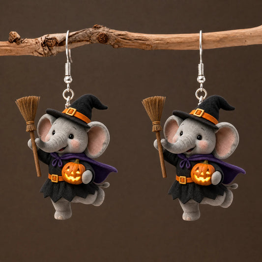 Witch Elephant Halloween Pumpkin Earrings