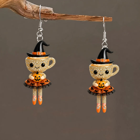 Rhinestone Coffee Cup Witch Doll Skirt Halloween Earrings