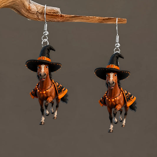 Brown Horse Witch Hat Halloween Lights Bat Cape Halloween Earrings