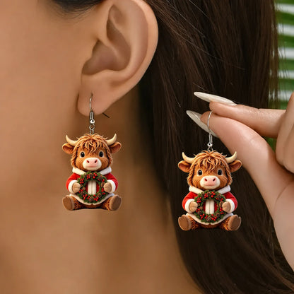 Highland Cow With Christmas Wreath Dangle Earrings