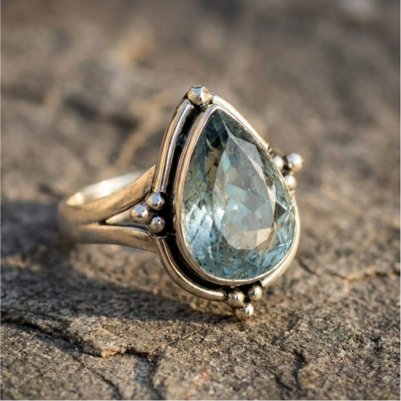 Teardrop Aquamarine Ring Sterling Silver