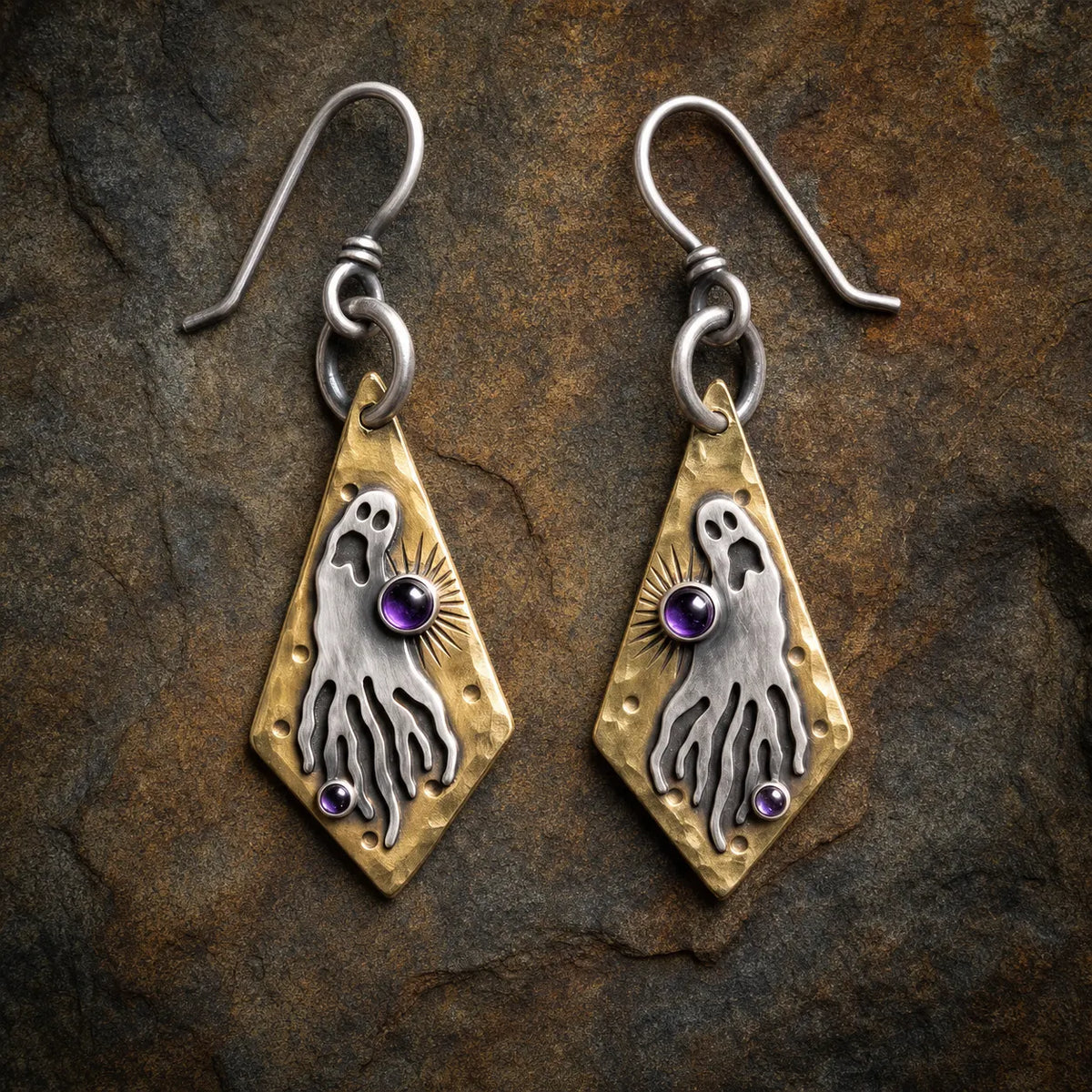 Vintage Two-Tone Silver & Brass Ghost Dangle Earrings