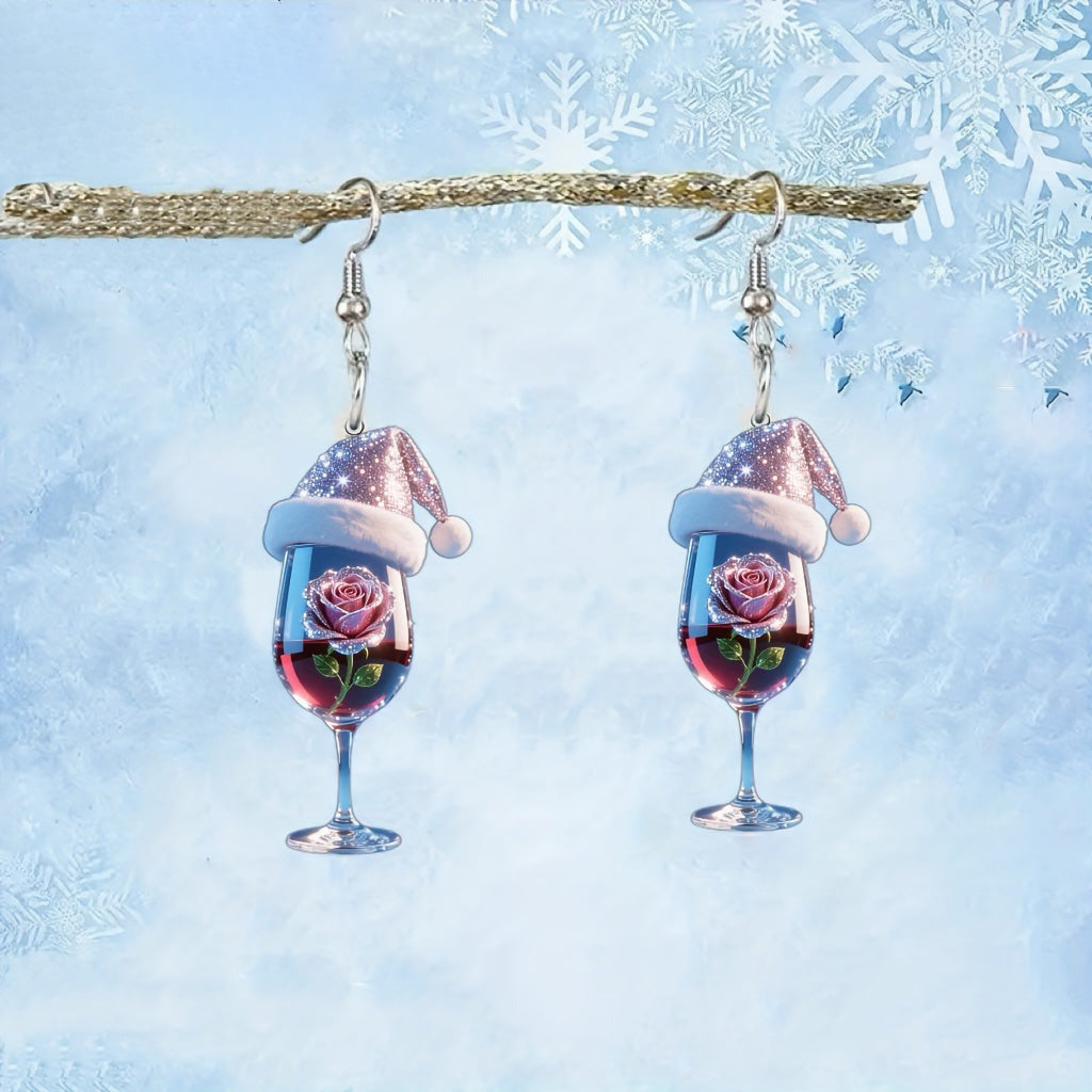 Christmas Wine Glass Earrings with Wine Pink Rose