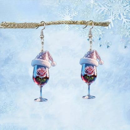 Christmas Wine Glass Earrings with Wine Pink Rose