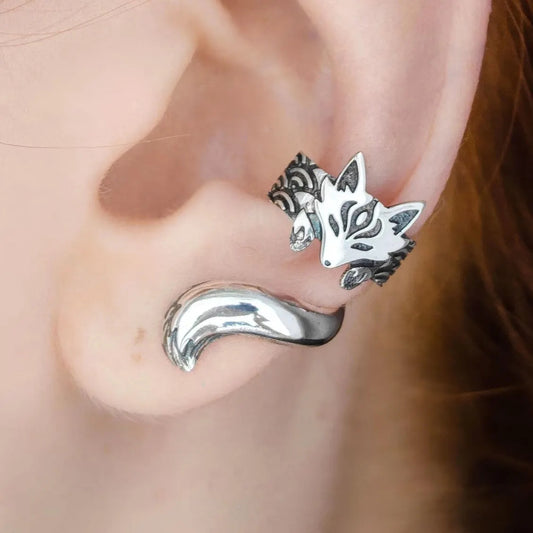 S925 Vintage 3D Kitsune Fox Ear Cuff – Non-Pierced Mystic Fox Wrap Earring