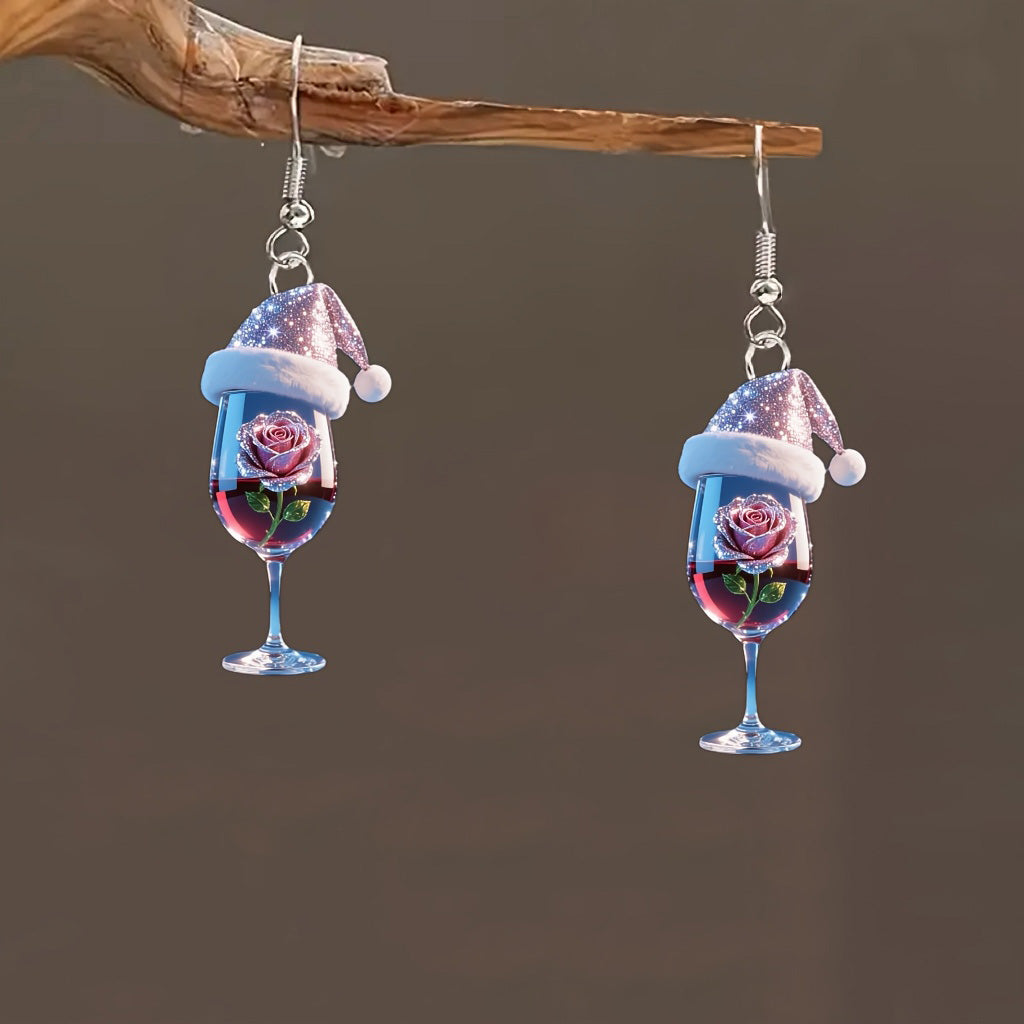 Christmas Wine Glass Earrings with Wine Pink Rose