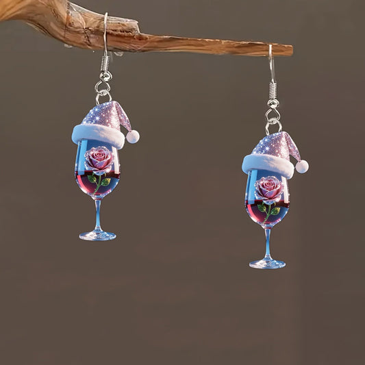 Christmas Wine Glass Earrings with Wine Pink Rose