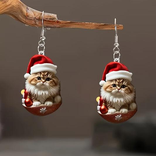 Christmas Cat Acrylic Drop & Dangle Earrings