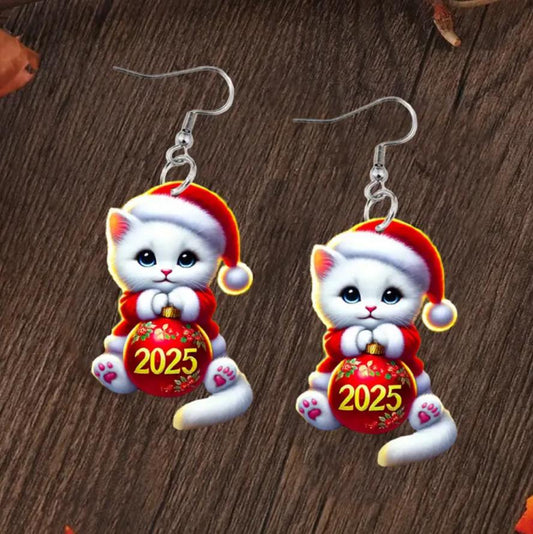 Christmas White Cat Earrings