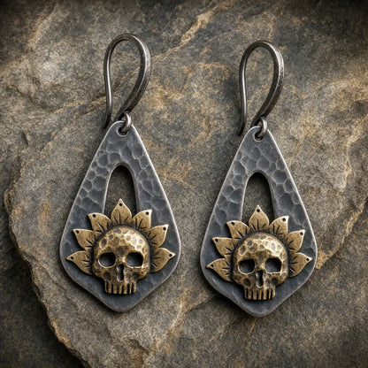 Vintage Skull Sunflower Two-Tone Drop Earrings