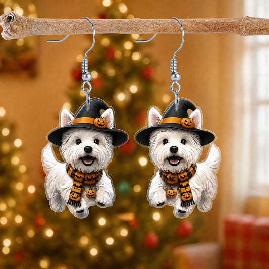West Highland White Terrier Witch Scarf Pumpkin Halloween Acrylic Earrings
