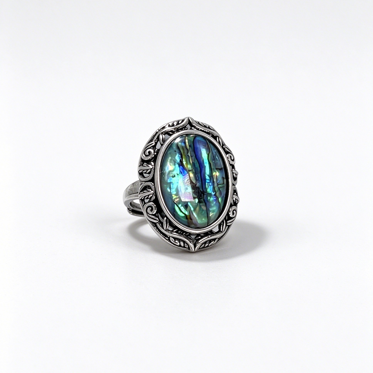Vintage Carved Natural Abalone Shell Adjustable Ring, Boho Statement Jewelry