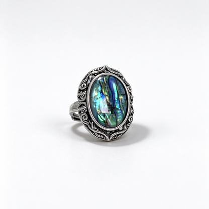 Vintage Carved Natural Abalone Shell Adjustable Ring, Boho Statement Jewelry