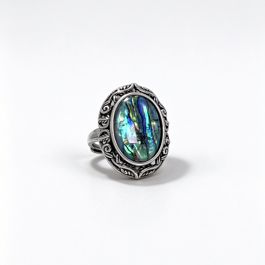 Vintage Carved Natural Abalone Shell Adjustable Ring, Boho Statement Jewelry