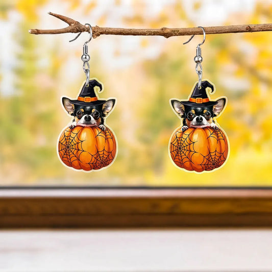 Halloween Witch Chihuahua Pumpkin Spider Web Acrylic Dangle Earrings