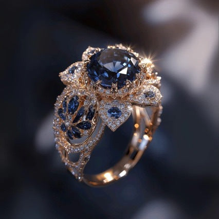 Super Flash Light Luxury Blue Flower Ring