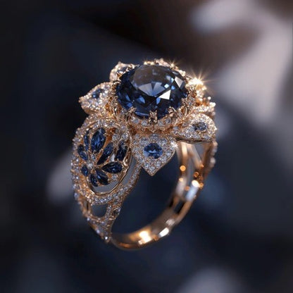 Super Flash Light Luxury Blue Flower Ring