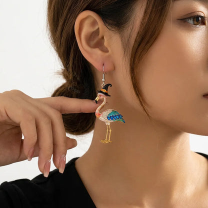 Enamel Rhinestone Flamingo Witch Hat Colorful Crystal Halloween Earrings