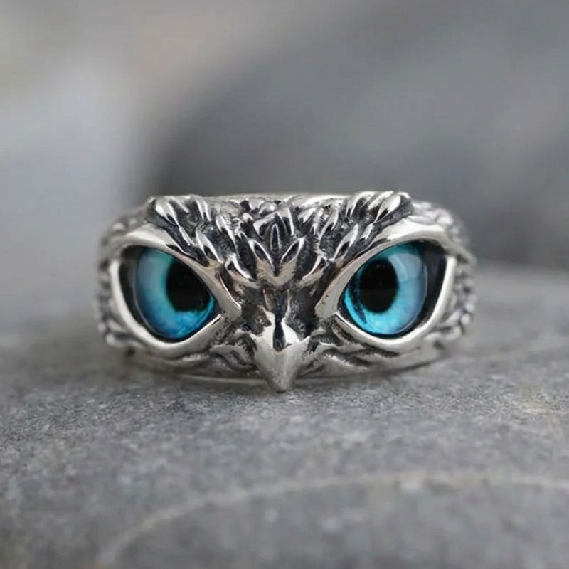Owl of Good Luck Adjustable Ring in Silver and Opal