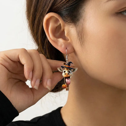 Funny Tongue Out Witch Giraffe Head Pumpkin Halloween Earrings