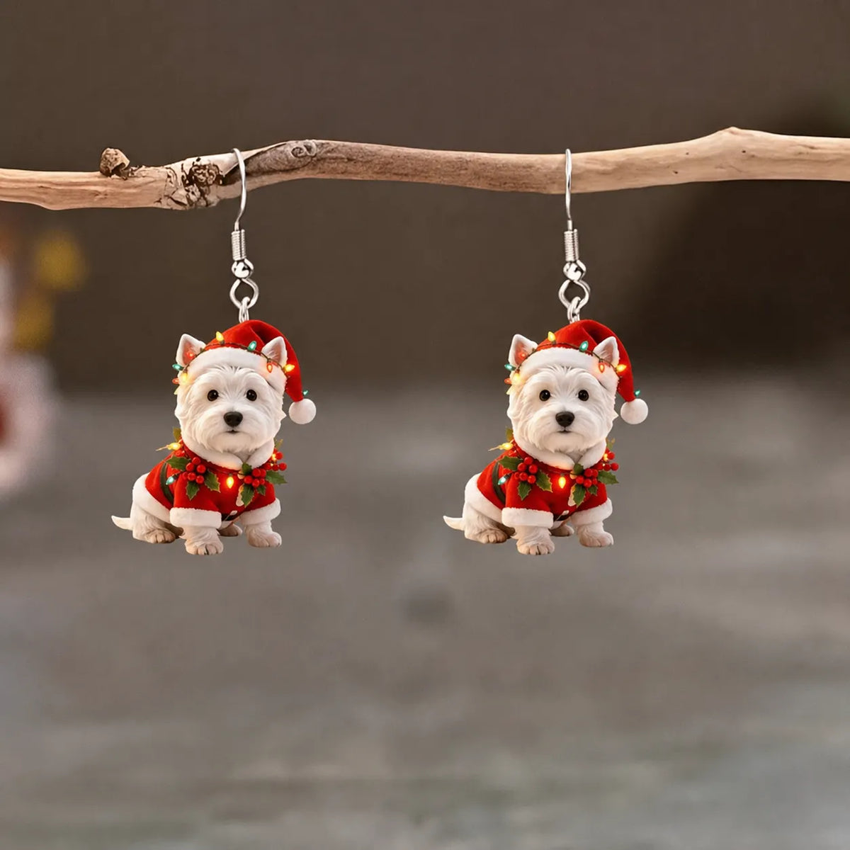 Christmas Westie Dog Dangle Earrings