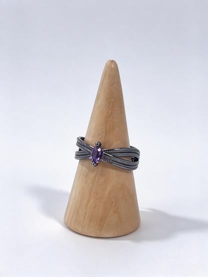 Natural Marquise Amethyst Twisted Band Ring, Gunmetal Black Vintage Adjustable Ring for Women