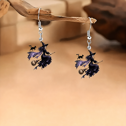 Flying Witch Broom Dangle Earrings