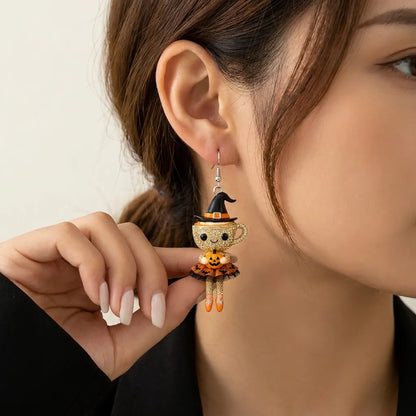 Rhinestone Coffee Cup Witch Doll Skirt Halloween Earrings