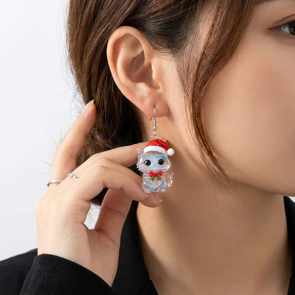 Christmas Clear Cat Dangle Earrings