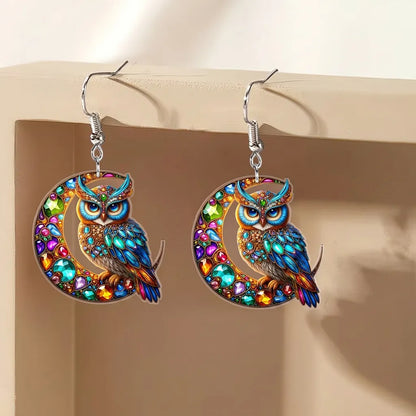 Colorful Rhinestone Owl On Crescent Moon Bohemian Halloween Acrylic Earrings