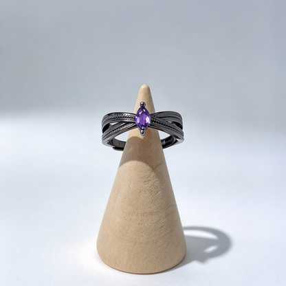 Natural Marquise Amethyst Twisted Band Ring, Gunmetal Black Vintage Adjustable Ring for Women
