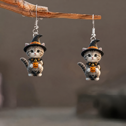 Halloween Tabby Witch Cat Pumpkin Earrings