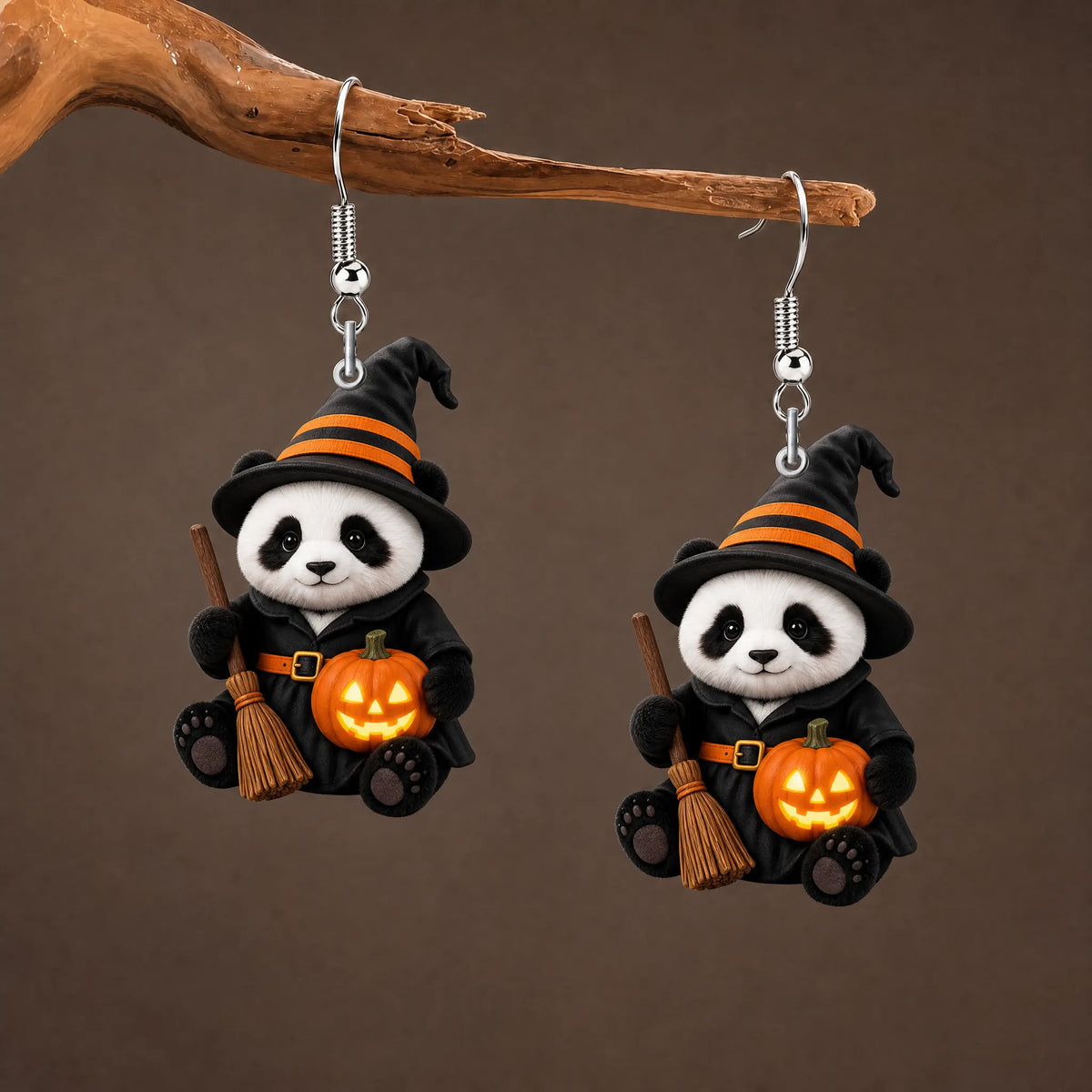 Witch Panda Halloween Pumpkin Dangle Earrings