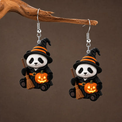 Witch Panda Halloween Pumpkin Dangle Earrings