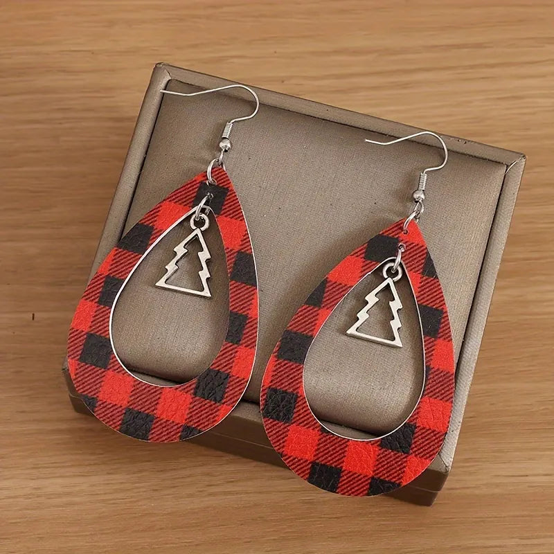 Christmas Tree Hollow Red Plaid Earrings