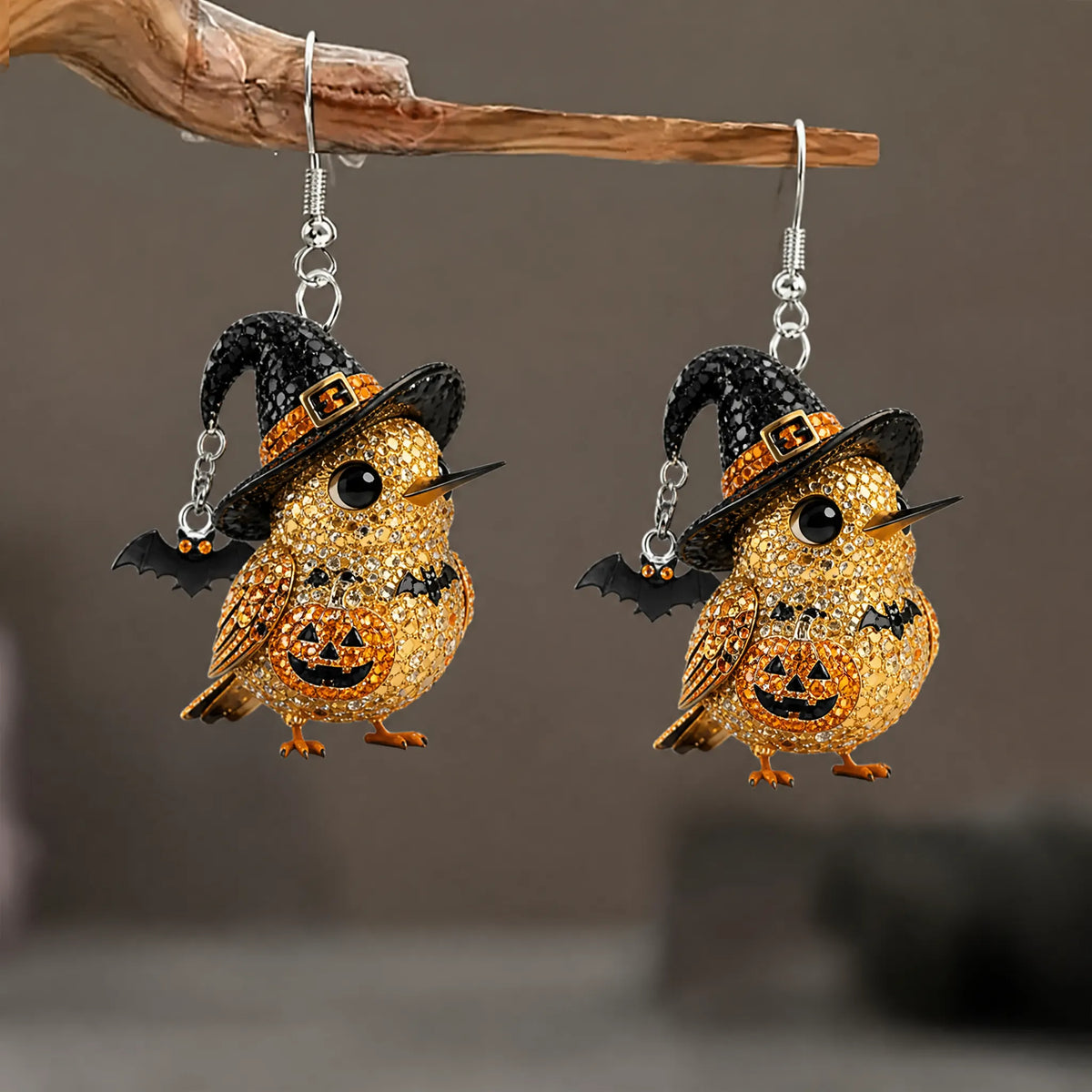 Sparkly Rhinestone Bird Witch Hat Bat Pumpkin Pattern Halloween Earrings