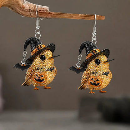Sparkly Rhinestone Bird Witch Hat Bat Pumpkin Pattern Halloween Earrings