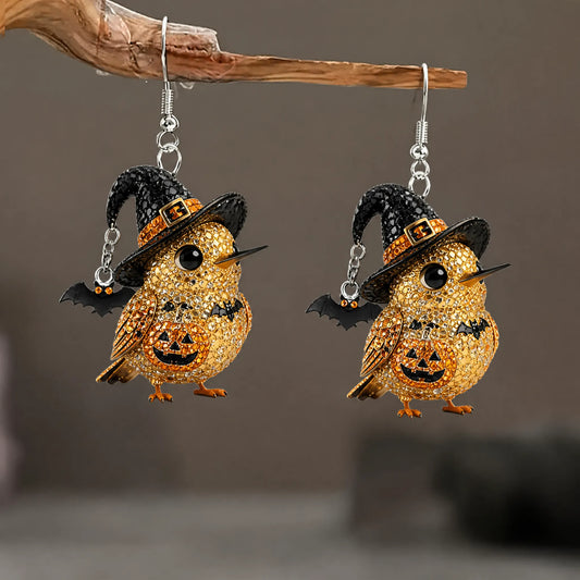 Sparkly Rhinestone Bird Witch Hat Bat Pumpkin Pattern Halloween Earrings