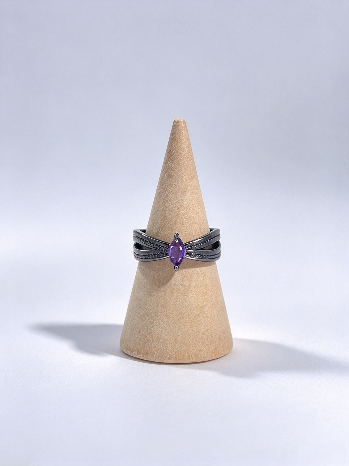 Natural Marquise Amethyst Twisted Band Ring, Gunmetal Black Vintage Adjustable Ring for Women