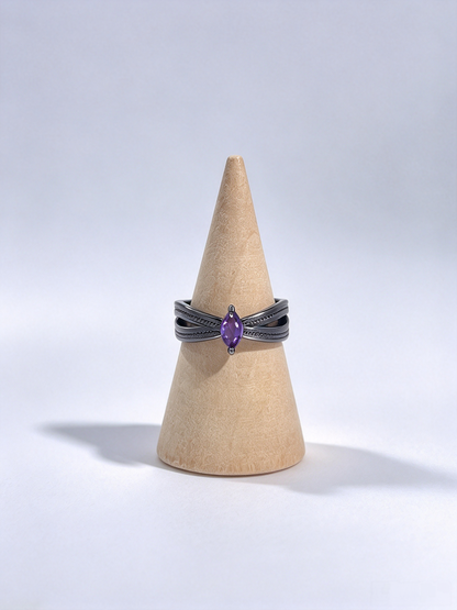 Natural Marquise Amethyst Twisted Band Ring, Gunmetal Black Vintage Adjustable Ring for Women