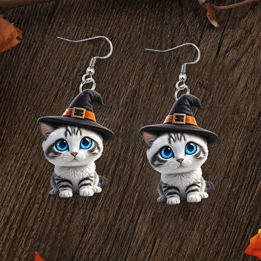 Tabby Kitten Witch Hat Halloween Earrings