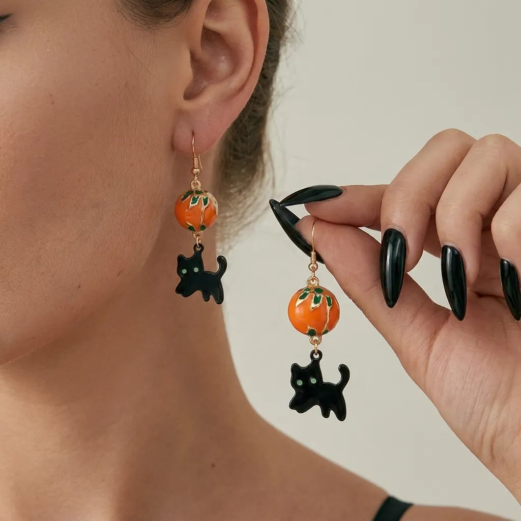Vintage Pumpkin Black Cat Hook Drop Earrings