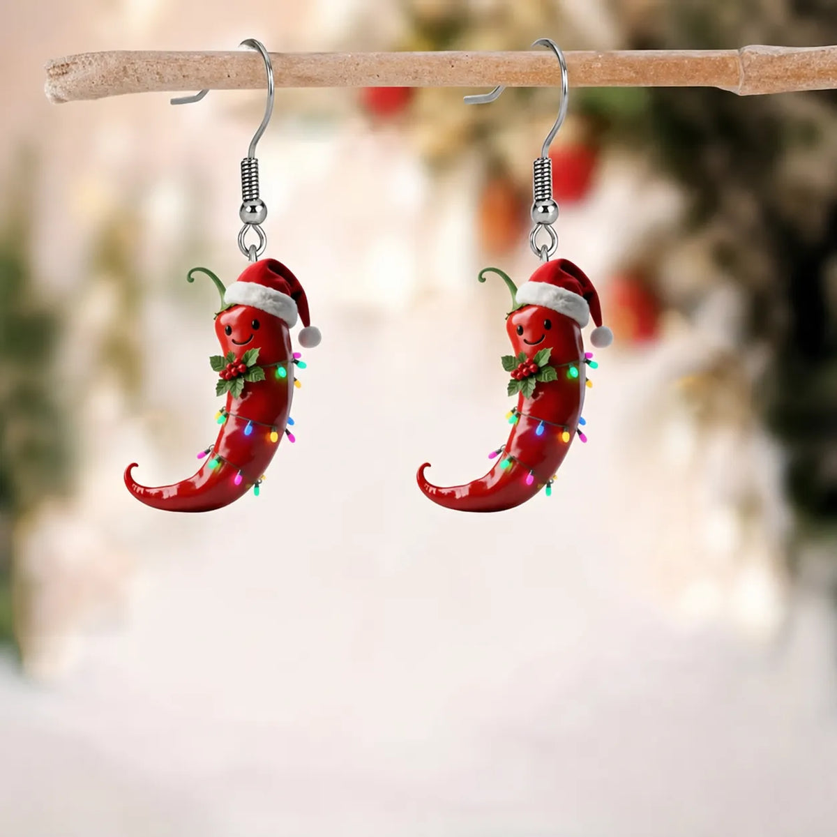 Christmas Light Red Chili Pepper Dangle Earrings