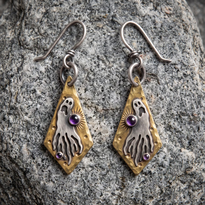 Vintage Two-Tone Silver & Brass Ghost Dangle Earrings