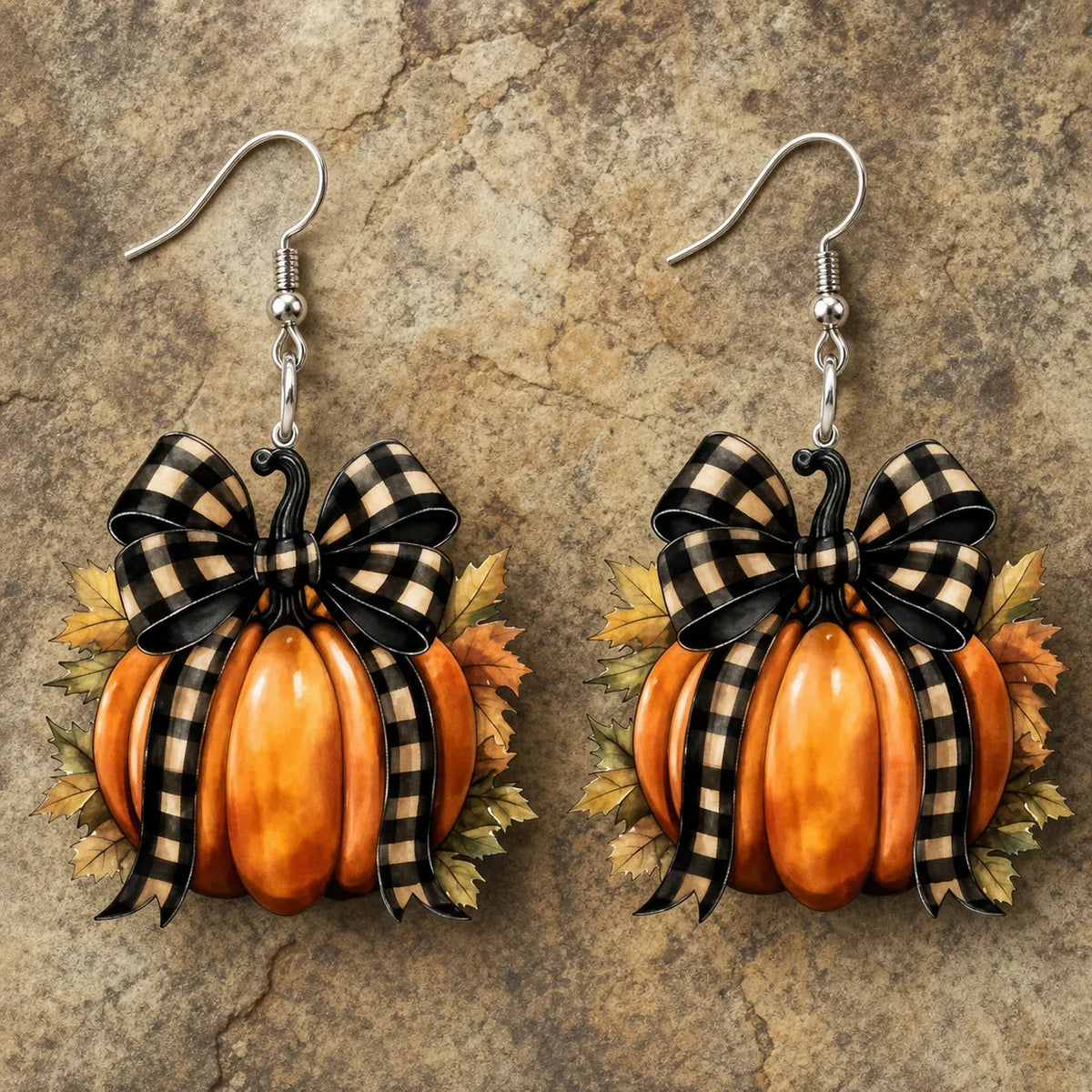 Vintage Plaid Bow Pumpkin Drop Earrings