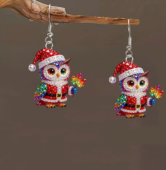 Christmas Owl Santa Claus Holding Maple Leaf Earrings