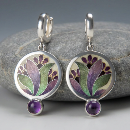 Boho Earrings with Purple Crystals in Sterling Silver