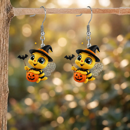 Cute Bee Witch Hat Bat Wand Halloween Earrings