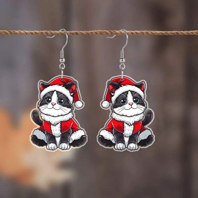 Christmas Cartoon Christmas Hat Black Cat Pattern Earrings