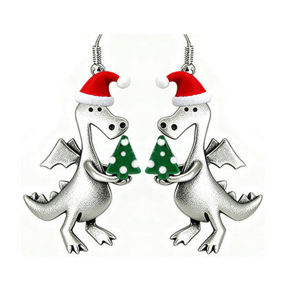 Christmas Santa Hat Holding A Small Christmas Tree Dinosaur Earrings